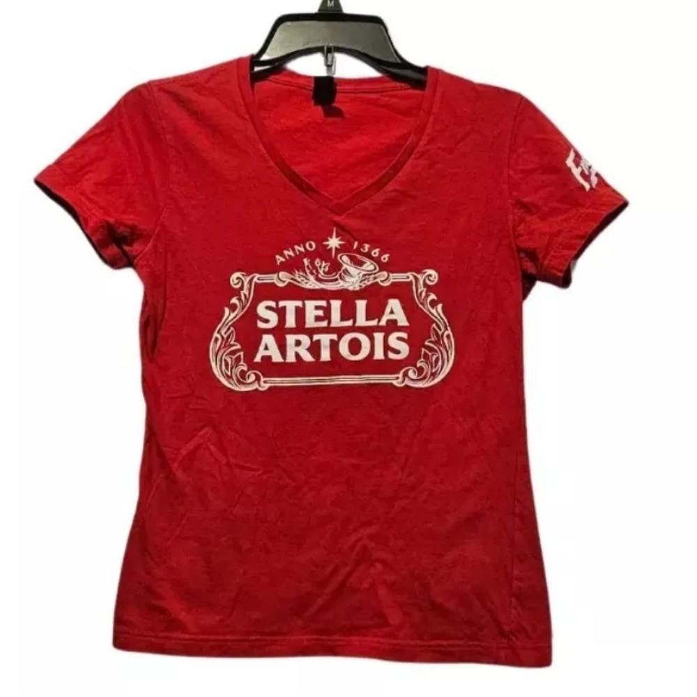 Stella Artois Womens Short Sleeve Shirt Top Red V-Neck Size Medium